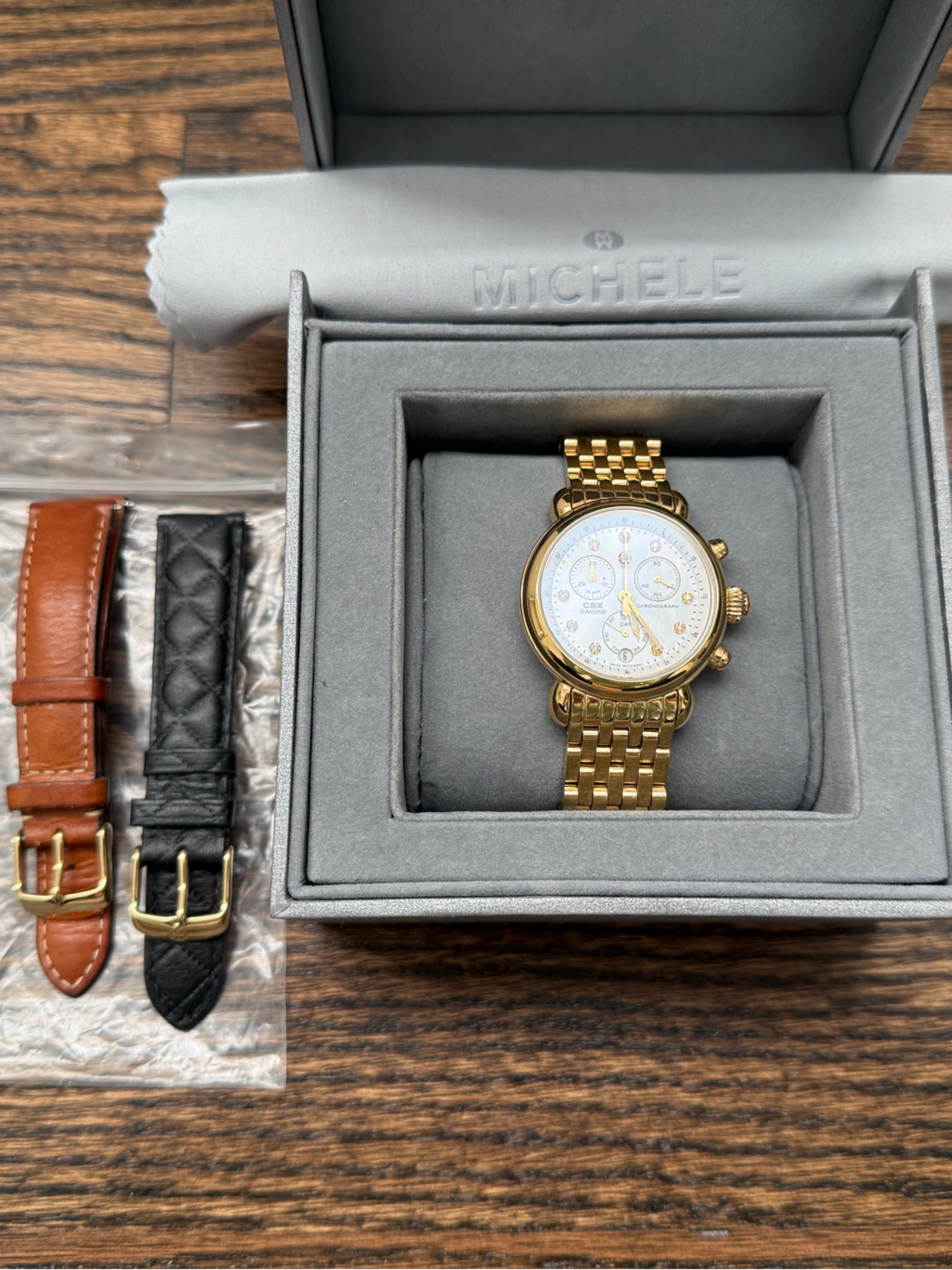 Michele Gold-Tone 36mm Csx Diamond Chronograph Watch W/White Mop Dial